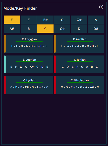 Screenshot of the mode finder feature which lets the user select notes and the mode finder will show potential mode matches for that group of notes.